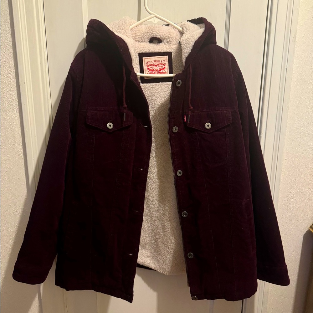 Levi's® The Mia Corduroy Hooded Faux Sherpa Trucker Jacket in Burgundy (Wine)